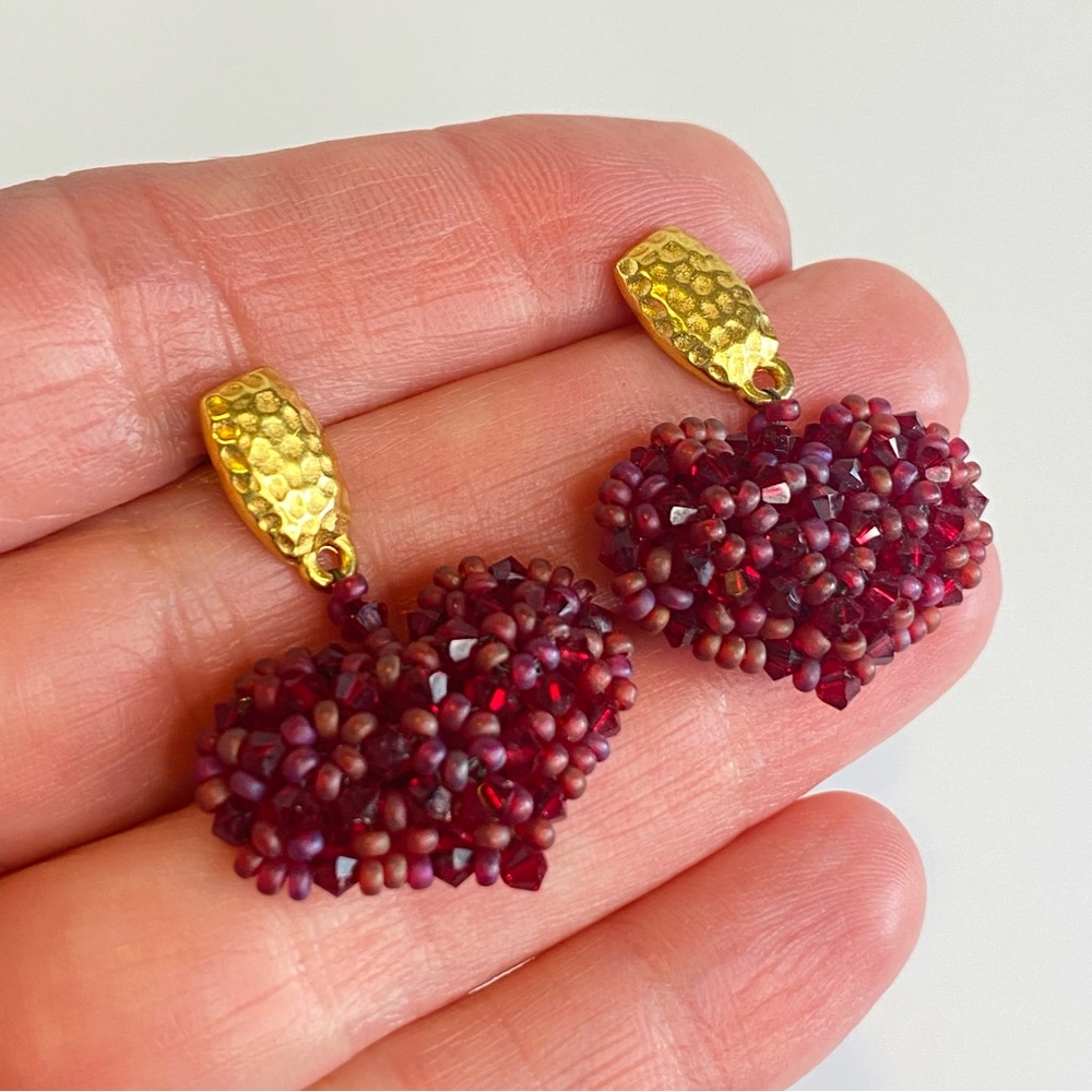 Artisan Beaded Heart Earrings Red Glass Crystal Gold Tone Hammered Post Dangle